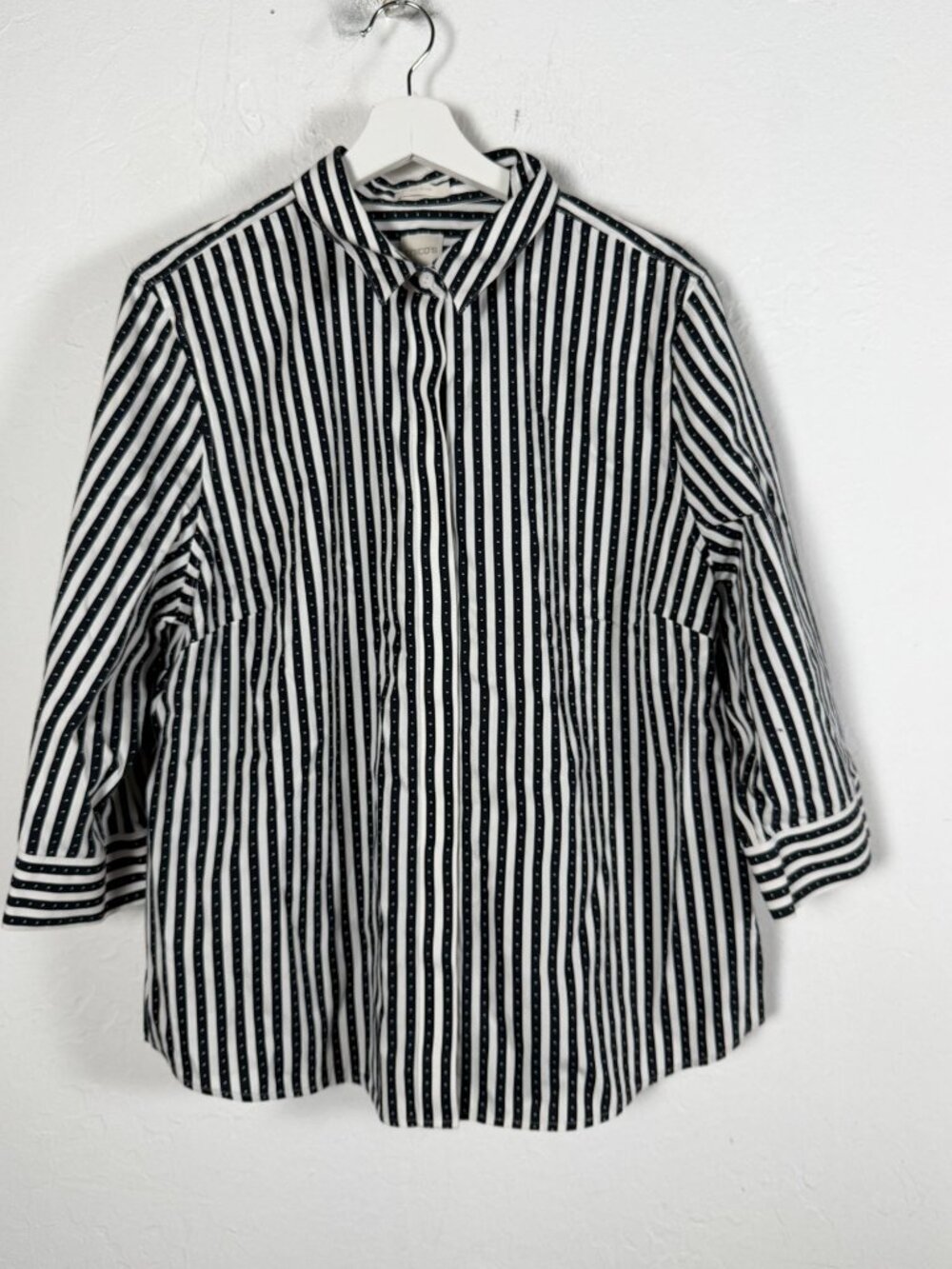 Chico's Womens No Iron Shirt Black White Dotted Striped 3/4 Sleeve Blouse Size 3
